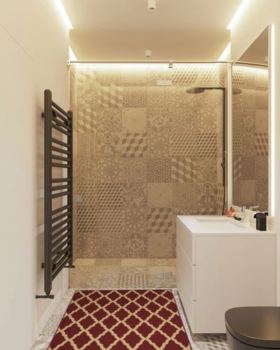 Machine Washable Trellis Design Non-Slip Rubberback 3x5 Traditional Area Rug for Living Room, Bedroom, Kitchen, 3'3 x 4'11", Red in White Tiled Bathroom