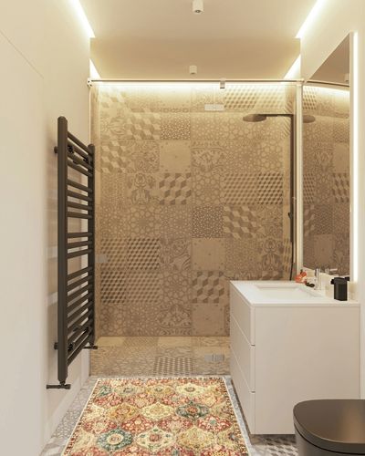 Lahome Moroccan Trellis Living Room Rugs, 5x7 Washable Rug for Bedroom Indoor Non-Slip, Large Oriental Accent Throw Rugs for Dorm Kitchen Entryway Bathroom Office (Red/Orange, 5x7ft) in White Tiled Bathroom