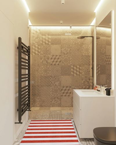 Addison Rugs Chantille ACN528 Red 3' x 5 Indoor Outdoor Area Rug, Stain Resistant, Machine Washable, Non Shedding, Bedroom, Living Room, Dining Room, Kitchen Rug in White Tiled Bathroom