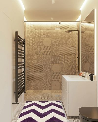 SAFAVIEH Chatham Collection Accent Rug - 3' x 5', Purple & Ivory, Handmade Chevron Wool, Ideal for High Traffic Areas in Entryway, Living Room, Bedroom (CHT715F) in White Tiled Bathroom