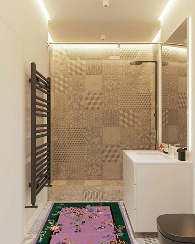 SAFAVIEH Metro Collection Area Rug - 3' x 5', Purple & Green, Floral Design, Handmade Wool, Ideal for The Living Room, Bedroom, Dining Room (MET725V-3) in White Tiled Bathroom