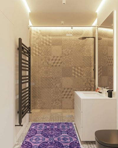 SAFAVIEH Wyndham Collection Accent Rug - 3' x 5', Purple, Handmade Modern Wool, Ideal for High Traffic Areas in Entryway, Living Room, Bedroom (WYD376J) in White Tiled Bathroom