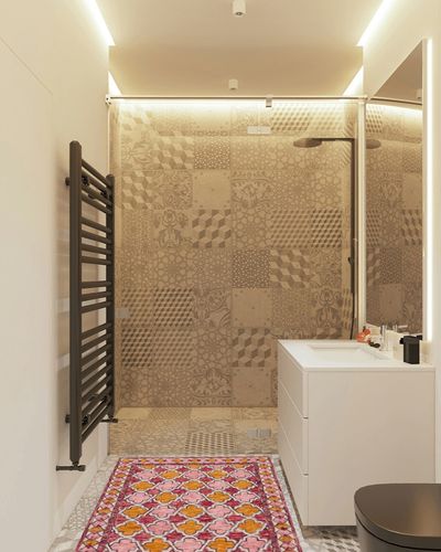 SAFAVIEH Aspen Collection Accent Rug - 3' x 5', Pink & Yellow, Handmade Boho Wool, Ideal for High Traffic Areas in Entryway, Living Room, Bedroom (APN121U) in White Tiled Bathroom