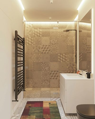 Mohawk Home New Wave Alliance Geometric Accent Area Rug in White Tiled Bathroom