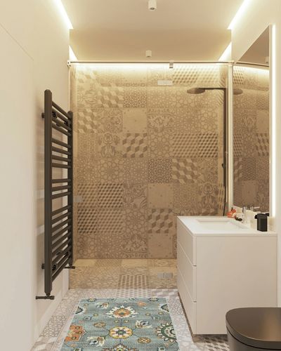 ‎Radiant Grey ‎Fade and Stain Resistant Non Slip Washable ‎‎Area Rug in White Tiled Bathroom