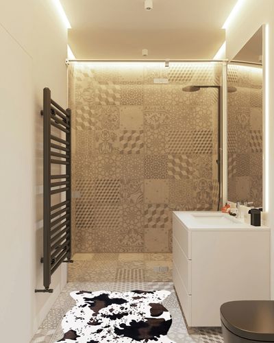 Cow Print Rug 110cmx75cm Faux Cowhide Area Carpet Animal Print Mat for Living Room Bedroom Non-Slip (Cow,Small) in White Tiled Bathroom