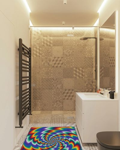 Optical Illusion Rug Rainbow Geometric Vortex Trippy Hole Area Rugs for Bathroom Office Door Coloful Mat Carpet 47 in X 31 in in White Tiled Bathroom