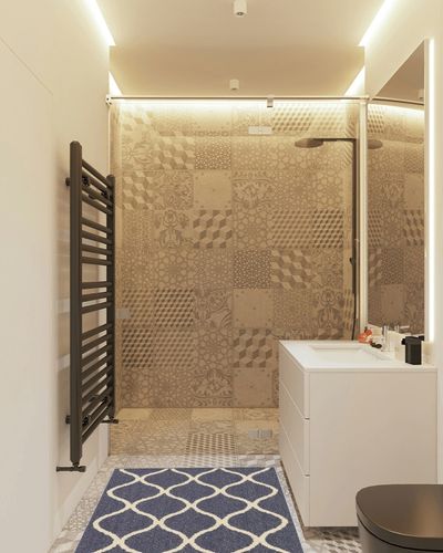 Maples Rugs Rebecca Contemporary Kitchen Rugs Non Skid Accent Area Carpet [Made in USA], 2'6" x 3'10", Indigo Blue in White Tiled Bathroom