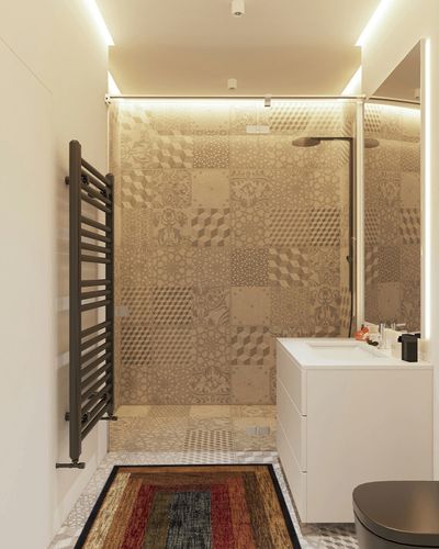Home Dynamix Royalty Vega Contemporary Geometric Area Rug, Black/Brown, 31.5"x47" in White Tiled Bathroom