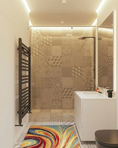 Home Dynamix Adja Modern Area Rug, Splash (3'3" x 4'3") in White Tiled Bathroom