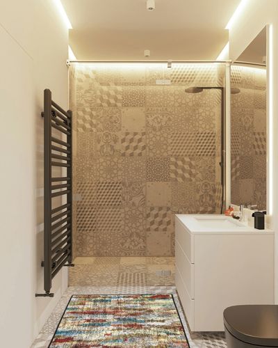 Brumlow Mills Rustic Abstract Bohemian Contemporary Colorful Print Pattern Area Rug for Living Room Decor, Dining, Kitchen , Bedroom or Entryway, 30" x 46", Earthtones in White Tiled Bathroom