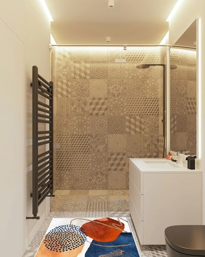 Creative Blue Orange Red Bohemian Style Area Rug, Century Modern Geometric Abstract Art Indoor Non-Slip Kids Rugs, with Anti-Slip Easy Clean Carpet for Living Room Dining Room Home Office-3' x 4' in White Tiled Bathroom