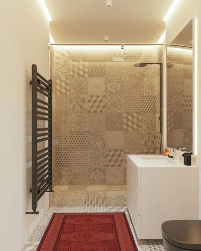 CASAVANI Collection Runner Area Rug - 30 x 48 Inches Red Geometric Pattern Cotton Dhurrie Indoor Outdoor Use Mat Rugs for Bedroom Bedside Runner Kitchen Runner Hallway & Stair Runner in White Tiled Bathroom