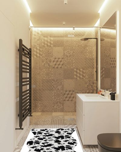 Aoczes Cute Cow Print Rug Black and White Small Faux Cowhide Rug Animal Print Cow Rug for Table Bedroom Living Room Western Home Decor Mat, 3.6x2.46 Feet(75x110cm) in White Tiled Bathroom