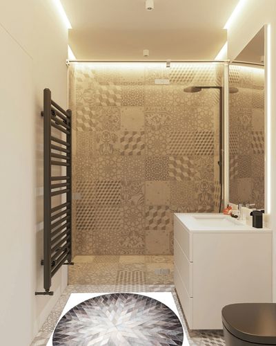 AG Creation Handmade Rug Cowhide Leather Round Rug | Patchwork Cowhide Round Rug Hair on Leather Cowhide Grey & White Carpet Cowhide Furniture (2X2 feet) in White Tiled Bathroom