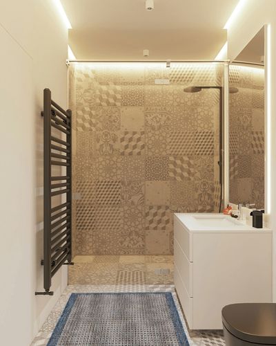 Well Woven Indoor/Outdoor 2'3" x 3'11" Woden Blue Striped & Solid Border Area Rug in White Tiled Bathroom