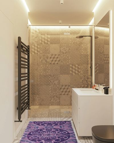 SAFAVIEH Wyndham Collection Accent Rug - 2'6" x 4', Purple, Handmade Modern Wool, Ideal for High Traffic Areas in Entryway, Living Room, Bedroom (WYD376J) in White Tiled Bathroom