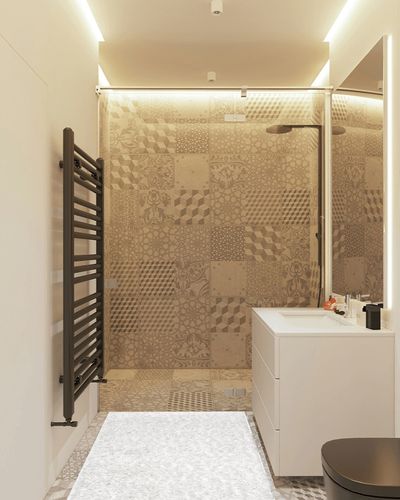 nuLOOM Neva Modern Tasseled Shag Runner Rug, 2' 6" x 6', Ivory in White Tiled Bathroom