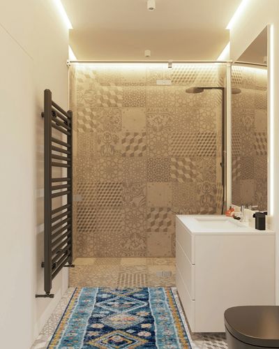 Bloom Rugs Tribal Geometric Blue Multicolor Runner - Boho 6 ft Runner for Entryways and Hallways (2'7" x 6') in White Tiled Bathroom