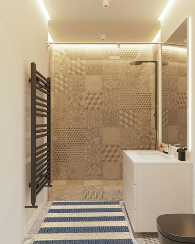 nuLOOM Alisia flatweave Striped Jute Runner Rug, 2' 6" x 6', Denim in White Tiled Bathroom