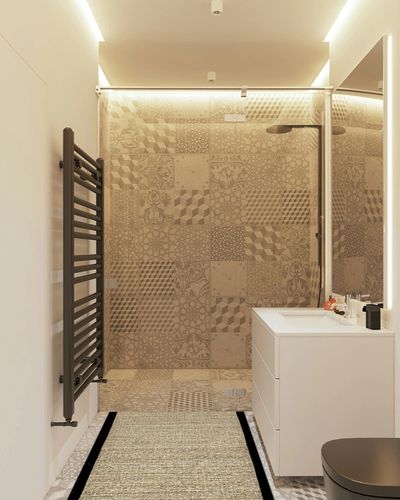 nuLOOM Elijah Farmhouse Seagrass Runner Rug, 2' 6" x 6', Black in White Tiled Bathroom
