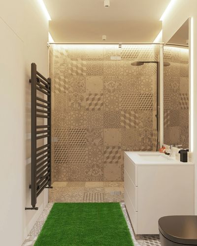 SAFAVIEH Vista Collection Area Rug - 3'3" x 6', Green, Handmade Faux Grass, Indoor/Outdoor & Washable, Ideal for Patio, Backyard, Mudroom (VST100A-36) in White Tiled Bathroom