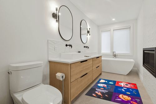 Prosumer's Choice Kids Space Themed Black Wool Rug - Non-Slip, Soft, and Durable | Perfect for Bedrooms, Playrooms, Nurseries | Solar System and Rocket Ship Design - 62.9'' x 47.2'' in Scandinavian Neutral bathroom