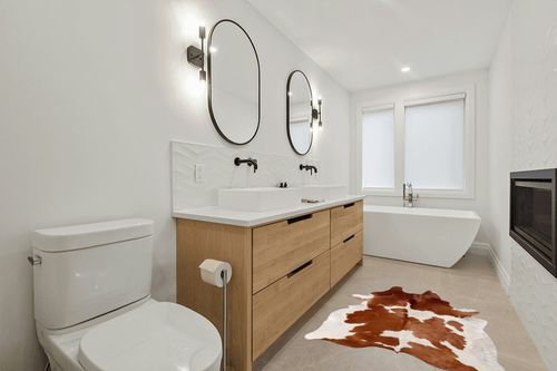 Brown and White Cowhide Rug Natural Cow Skin Cow Hide Leather Area Rug Hair On, Small 5 ft X 4 ft Premium Brown White Shed Free Natural Hide in Scandinavian Neutral bathroom
