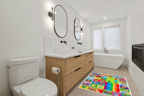 IMIKEYA Kids Educational Rug Playtime Collection ABC, Numbers and Shapes Learning Carpet Kids Play Rug Mat Playmat for Playroom Bedroom, 55.1 x 43.3 inch in Scandinavian Neutral bathroom