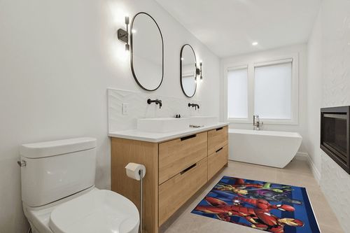 Jay Franco Marvel Avengers Odd Squad Kids Room Rug - Large Area Rug Measures 4 x 5 Feet - Featuring Spiderman, Iron Man, Black Panther, Gamora, & Groot in Scandinavian Neutral bathroom