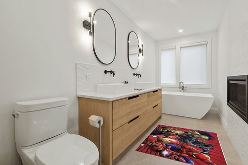 Marvel Avengers Full Assault Kids Room Rug - Large Area Rug Measures 4 x 5 Feet - Featuring Spiderman, Iron Man, Black Panther, Gamora, & Groot (Offical Marvel Product) in Scandinavian Neutral bathroom