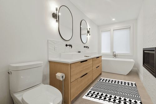 HEBE Bohe Area Rug in Scandinavian Neutral bathroom