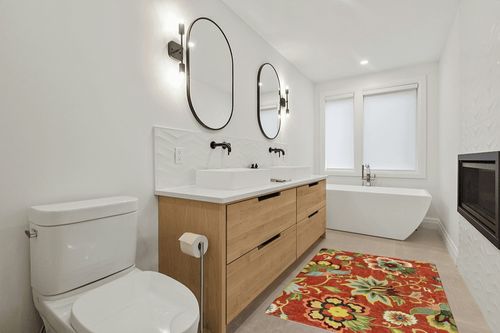 Lahome Red Washable Area Rugs in Scandinavian Neutral bathroom
