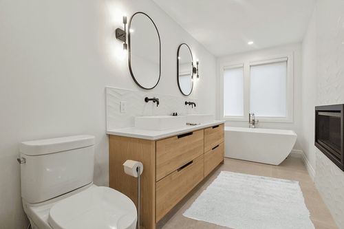 Paris Shag Collection 4' x 6' Sage in Scandinavian Neutral bathroom