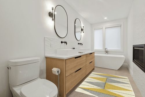 Balta Levine Yellow 4 ft. 4 in. x 6 ft. Geometric Indoor Area Rug in Scandinavian Neutral bathroom