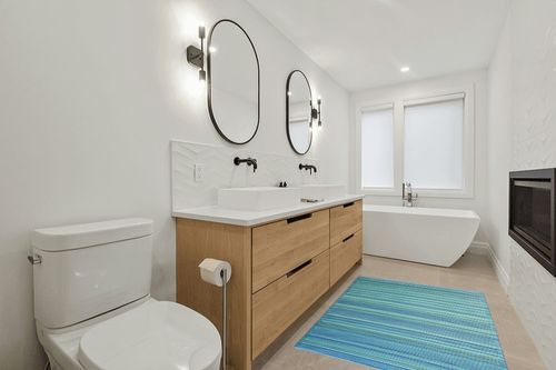 Fab Habitat Outdoor Rug - Waterproof, Fade Resistant, Crease-Free - Premium Recycled Plastic - Striped - Patio, Deck, Porch, Balcony, Laundry Room - Cancun - Turquoise & Moss Green - 4 x 6 ft in Scandinavian Neutral bathroom