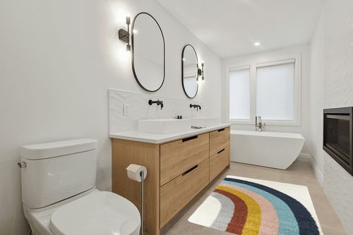 Sebuh Rainbow Area Rug Ebern Designs Rug Size: Rectangle 3'11" x 5'7" in Scandinavian Neutral bathroom