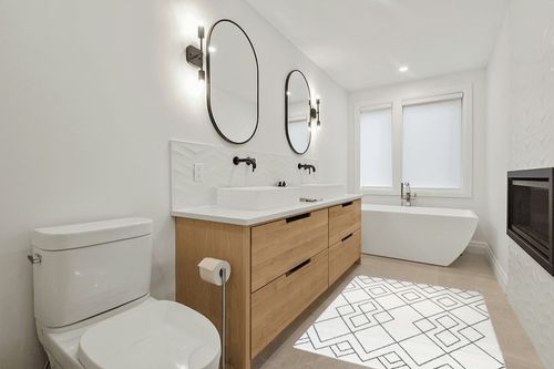Elle Geometric Cream Area Rug BALTA Rugs Rug Size: Rectangle 4'4" x 6' in Scandinavian Neutral bathroom