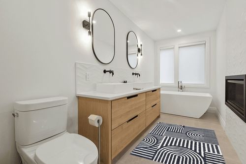 Abani Contemporary Mid-Century Design 4’ x 6’ Area Rug Rugs - Modern Non-Shed Arches Print Cream & Charcoal Bedroom Rug in Scandinavian Neutral bathroom
