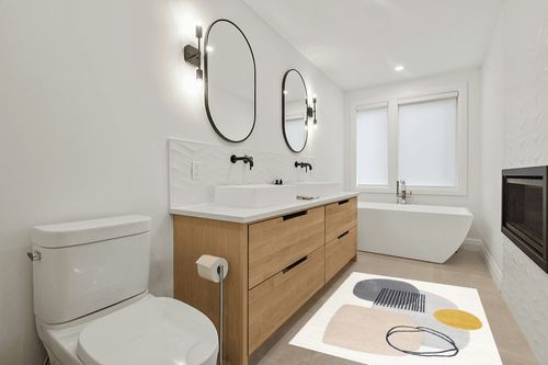 Abani Rugs Cream and Gray 4 ft. X 6 ft. Mid-Century Rug with Circles and Lines. Neutral Tones of Cream, Gray and a pop of Yellow. Minimalistic Design Turkish Stain Resistant Area Rug. in Scandinavian Neutral bathroom