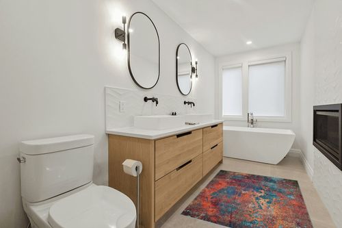 Nourison Celestial Red/Blue Atlantic 3'11" x 5'11" Area Rug, Contemporary, Abstract, Easy -Cleaning, Non Shedding, Bed Room, Living Room, Dining Room, Kitchen, (4' x 6') in Scandinavian Neutral bathroom