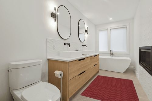 Garland Rug Sparta 4 ft. x 6 ft. Area Rug Chili Red in Scandinavian Neutral bathroom