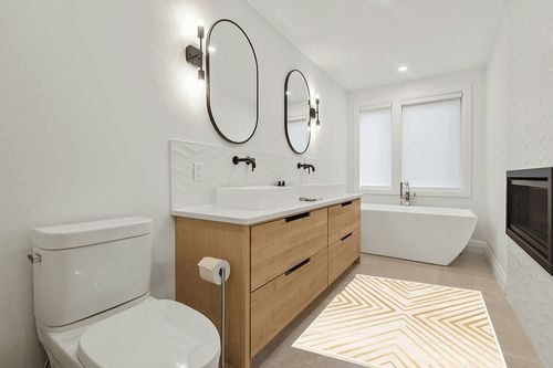 Alfa Rich 4x6 Area Rug, Ultra-Thin Geometric Cream Gold Rug, Non-Slip Machine Washable Rugs in Scandinavian Neutral bathroom