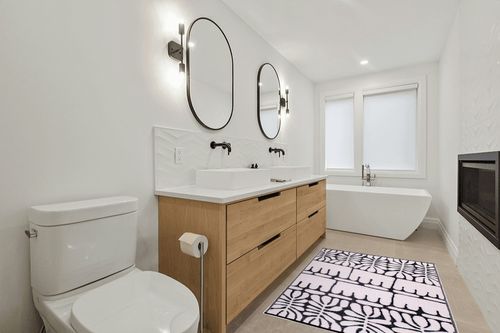 Fab Habitat Outdoor Rug - Waterproof, Fade Resistant, Crease-Free - Premium Recycled Plastic - Tribal, Black & White - Patio, Deck, Porch, Balcony, Laundry Room - Serowe - Black - 4 x 6 ft in Scandinavian Neutral bathroom