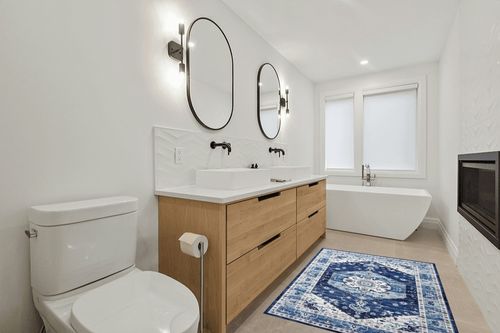 COZYLOOM Vintage Rug 4x6 Medallion Area Rug Faux Wool Soft Rug Indoor Plush Low Pile Floor Cover Boho Floral Distressed Carpet Washable Rug for Living Room Bedroom Foldable Thin Rug Blue in Scandinavian Neutral bathroom