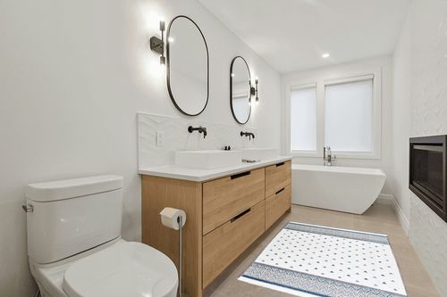 Alfa Rich 4x6 Area Rugs, Blue Grey Cream Rug, Cotton, Pet Friendly, Easy Clean Washable Rug in Scandinavian Neutral bathroom