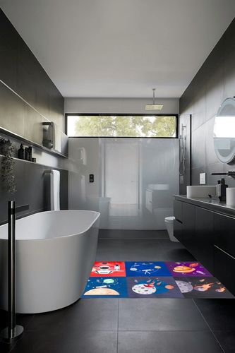 Prosumer's Choice Kids Space Themed Black Wool Rug - Non-Slip, Soft, and Durable | Perfect for Bedrooms, Playrooms, Nurseries | Solar System and Rocket Ship Design - 62.9'' x 47.2'' in Black Modern Bathroom
