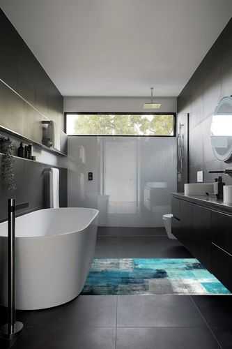 KITHOME Contemporary Non-Slip Area Rug Turquoise and Grey Abstract Art Painting Teal Printed Rugs Art Carnival Rubber Backing Living Room Floor Mats Rectangle Area Rug Carpet for Indoor 4'x6' in Black Modern Bathroom