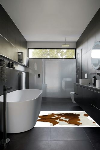 Brown & White Cowhide Area Rug Natural Premium Quality Cow Skin Hair On Leather Rug for Bedroom Décor 5ft x 4ft (60Inch x 48Inch, 152.4CM x 121.92CM) Medium in Black Modern Bathroom