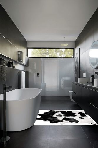 Black and White Cowhide Rug Natural Cow Skin Cow Hide Leather Area Rug Hair On, 5 ft X 4 ft Premium Black White Shed Free Natural Hide in Black Modern Bathroom